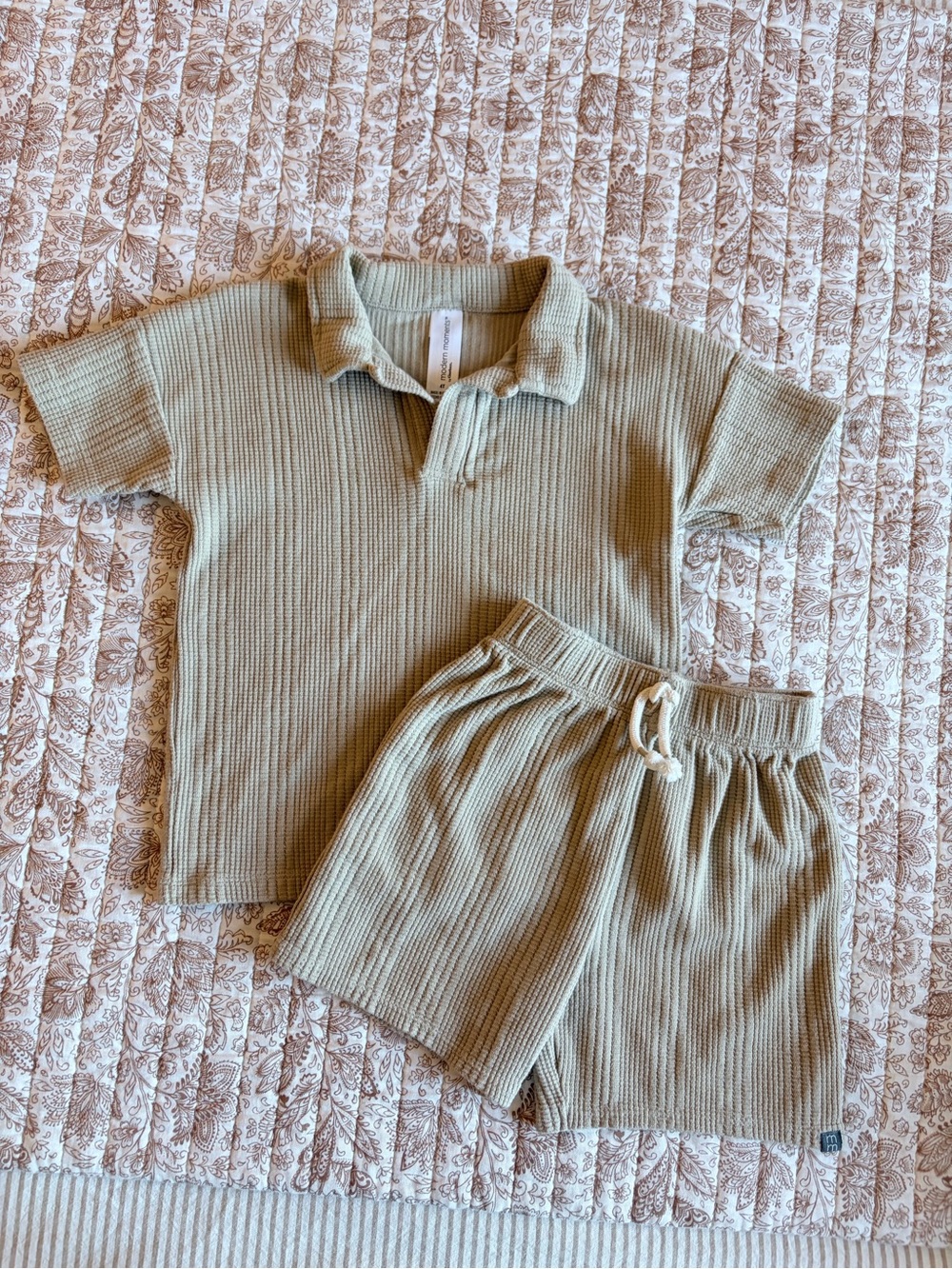 Ribbed Polo Top and Drawstring Shorts Set - Tan - 4T